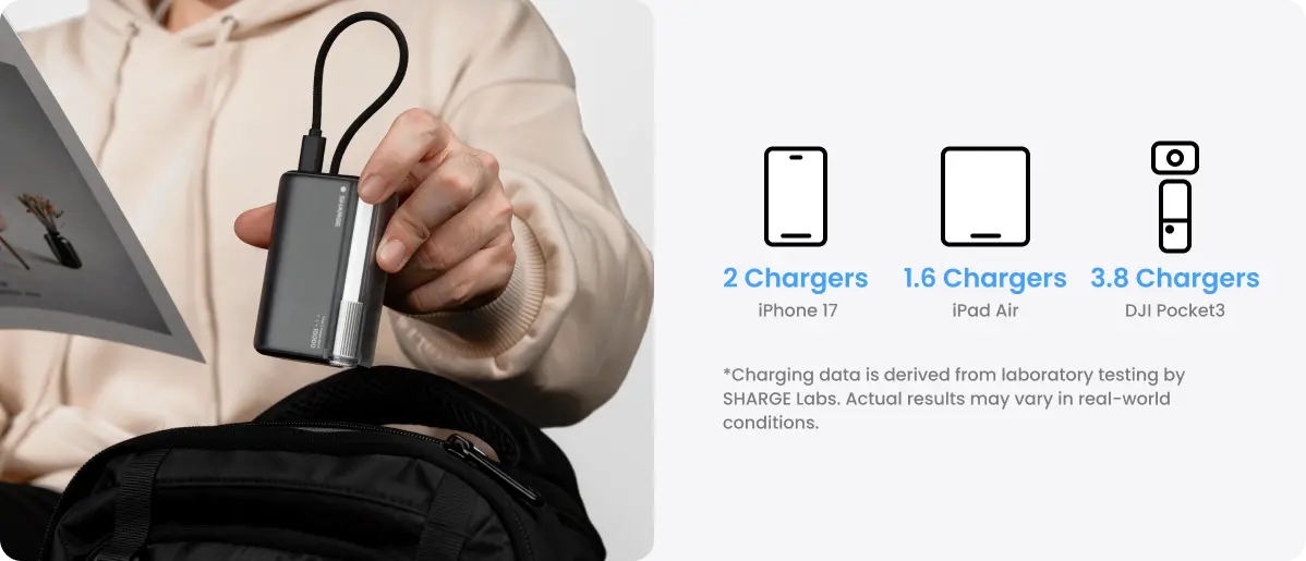 Person holding a multi-device charger with charging capacities displayed on the right.