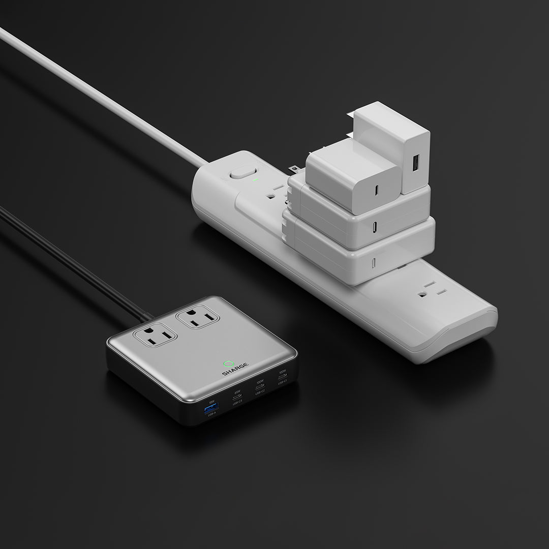 SHARGE 6-in-1 USB C Charging Station 100W GaN Power Strip PD Desk Charger with 5 ft Cord 2 AC 3 USB C Port 1 USB A Port Charger for Home Office Travel