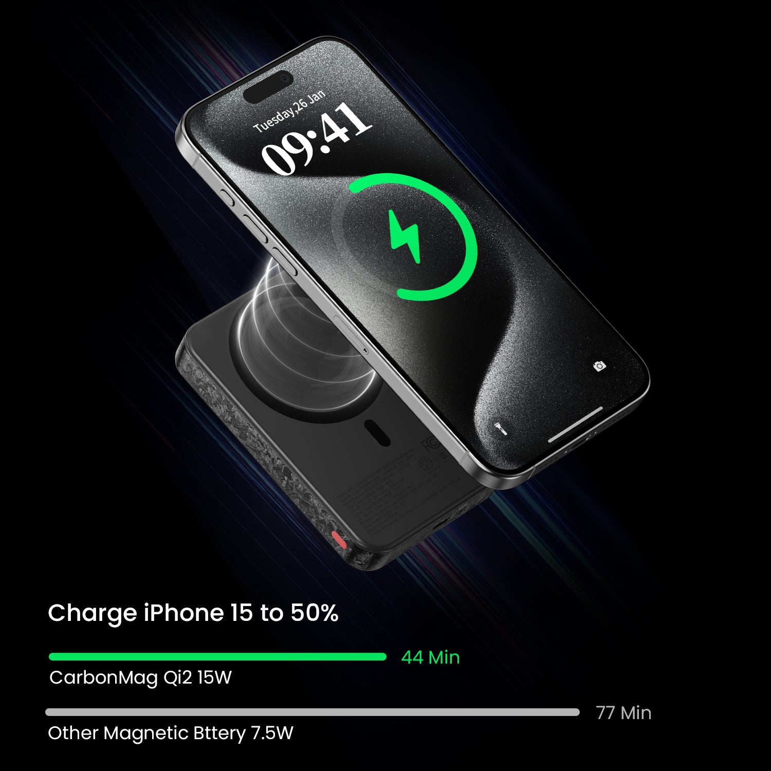 sharge CarbonMag Magsafe Portable Charger 10000mAh Qi2 Certified Magnetic Carbon Fiber Power Bank Lightweight PD20W Fast Charging Battery Pack for iPhone 16/15/14/13/12 Series Black