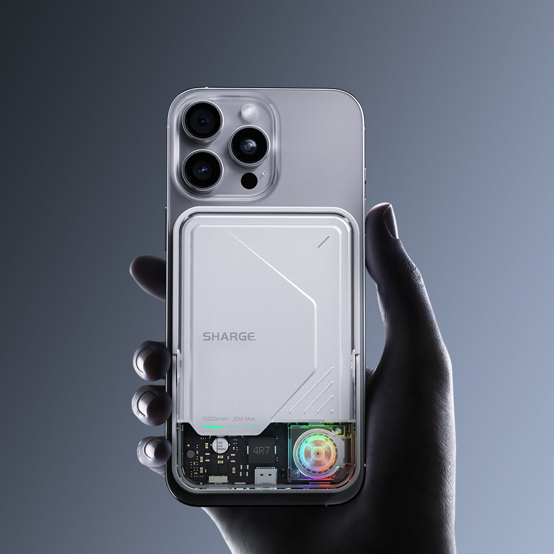 sharge ICEMAG 2 MagSafe Power Bank, 15W Qi2 Magnetic Portable Charger with Active Cooling 10000mAh Battery Pack with Foldable Stand Transparent, Compatible for iPhone 16/15/14 Series, Galaxy Pixel