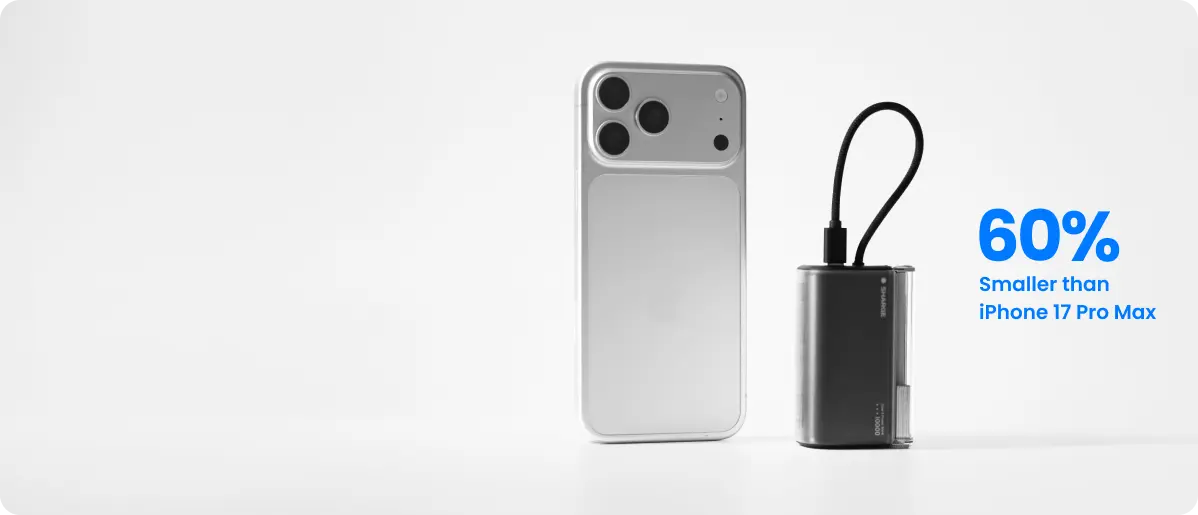 Small portable device next to an iPhone 17 Pro Max on a white background with text indicating size comparison.