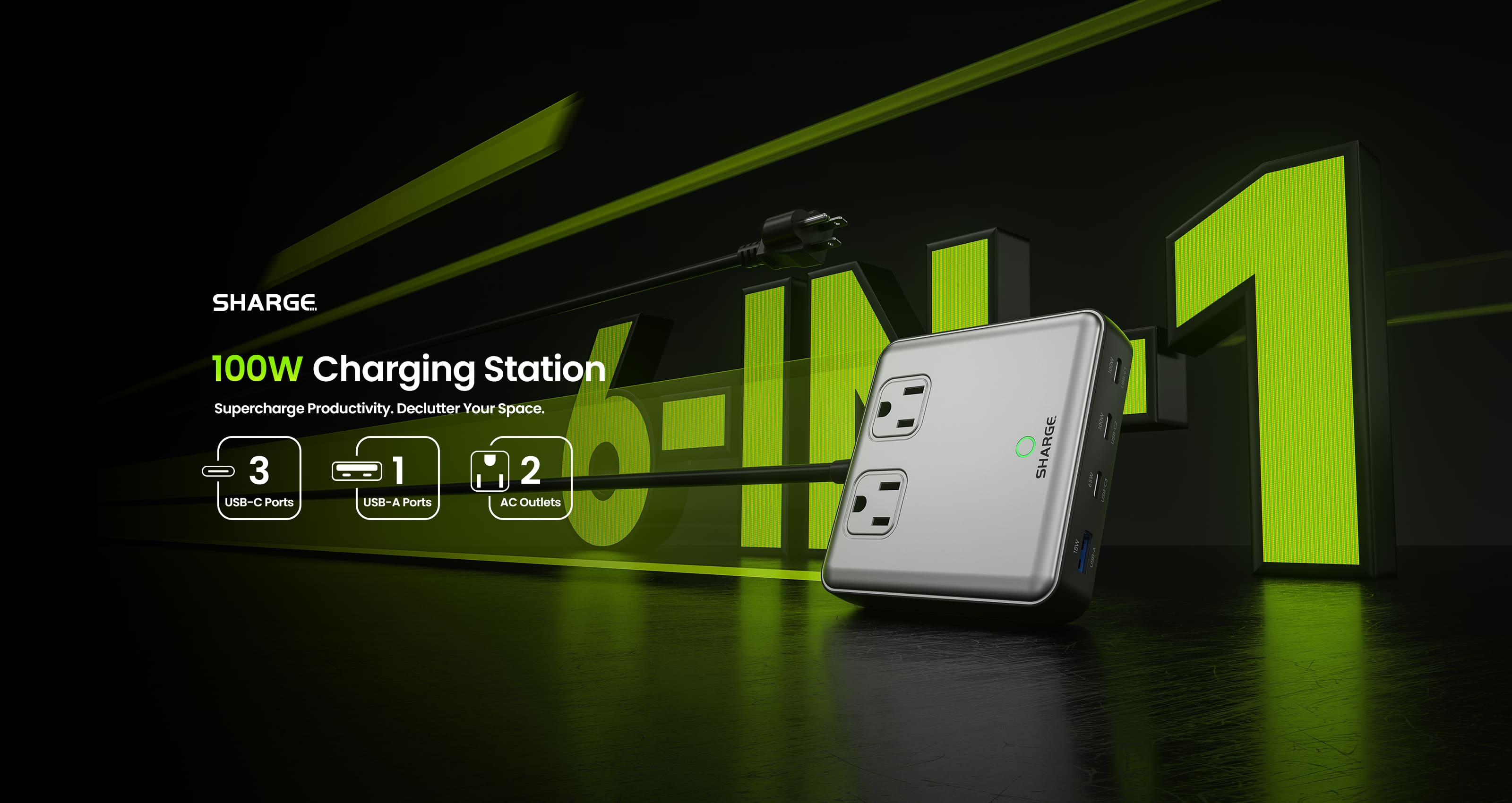 SHARGE 100W Charging Station (6-in-1) power solution. (3C/1A/2AC)